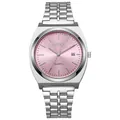 Dettaglio dell'orologio in acciaio spazzolato con quadrante rosa e datario - Cassa Argento Quadrante Rosa