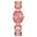 Detail showing gold metal bracelet with large pink crystals and oval quartz watch face - Pink