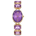 Détail d'une montre femme dorée avec cristaux violets et cadran ovale affichant le logo OUKI - Violet