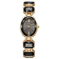 Detail of the gold quartz watch featuring black faceted gems and Roman numerals - Black