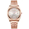 Dettaglio macro dell'orologio al quarzo oro rosa con quadrante argento e datario - Cassa Oro Rosa Quadrante Bianco