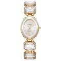 Detail of silver oval watch face with Roman numerals and crystal-studded gold band - White