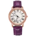 Close-up of women's quartz watch with purple crocodile strap and rhinestone bezel - Purple