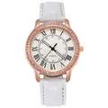 Detailed view of rose gold quartz watch with rhinestones and white crocodile leather strap - White
