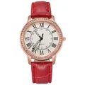 Detail of red croc-leather strap and crystal-studded rose gold case on women quartz watch - Red