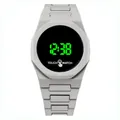Close-up of matte grey LED touch watch with green digital display and octagonal bezel - Gray