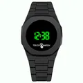 Modern black LED touch watch for men with green digital display and matte silicone strap - Black