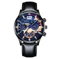 Montre à quartz pour hommes avec index dorés, bracelet en cuir et sous-cadrans chronos - Boîtier Noir Cadran Or Rose
