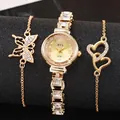 Elegant gold quartz watch set with rhinestone bracelet and heart charms on black background - Square Gem Chain Gold (A734)