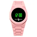 Detail of pink LED touch watch featuring octagonal case and green digital display - Pink