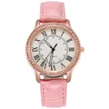 Nahaufnahme von rosa Lederarmband und roségoldener Strasslünette mit römischen Ziffern - Rosa