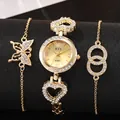 Coffret montre quartz dorée avec bracelet cœurs en strass et gourmettes papillon de luxe - Chaîne Cœur Or (A597)