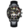 Men's fashion quartz watch with calendar, luminous hands and black leather strap - Black Case Gold Text Silver Dial