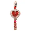 Detail of heart-shaped quartz watch with crystal bezel and ethnic braided beaded strap - Red