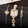 Parure 3 pièces dorée avec montre carrée strass et bracelet trèfle pour femme élégante - Cadran Carré Trèfle Or (A1104)