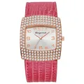 Detail view of square women watch with diamond bezel and pink crocodile leather strap - Red
