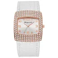 Dettaglio della cassa quadrata in oro rosa con cristalli e cinturino bianco in pelle - Bianco