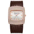 Dettaglio orologio quadrato oro rosa con cristalli e cinturino in pelle marrone - caffè