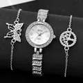 Silver quartz watch set for women with rhinestone bezel and butterfly charm bracelets - Butterfly Tree of Life Silver (A597)