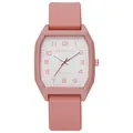 Detailed view of pink silicone strap and octagonal quartz watch face with soft matte finish - Pink
