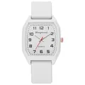 Detail of white silicone quartz watch featuring octagonal dial and red second hand - White