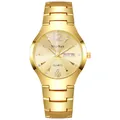 Detalle de reloj de cuarzo dorado que muestra la función de calendario e índices de cristal - Hombre Dorado