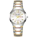 Detalle de esfera blanca de reloj de cuarzo con índices dorados y ventana fecha - Hombre Oro Blanco