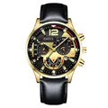 Men's quartz chronograph style watch with gold metal case and black leather strap - Gold Case Gold Dial