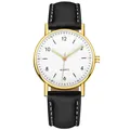 Luminous quartz watch featuring a gold case, white dial, and black leather strap with stitching - Gold White Dial Black Strap