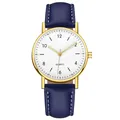 Elegant quartz watch with gold metal case, white dial, and dark blue leather strap - Gold White Dial Blue Strap