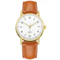Luminous quartz watch with white dial, golden case, and brown leather strap - Gold White Dial Brown Strap