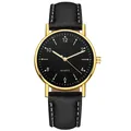 Luminous quartz watch with golden case, black leather strap and numeral dial - Gold Black Dial Black Strap