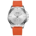 Macro view of silver quartz watch with orange silicone strap and CD-texture dial - One Size / Orange