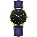 Minimalist quartz watch with gold case, black dial and blue leather strap with stitching - Gold Black Dial Blue Strap