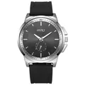 Detailansicht der OUKI Quarzuhr mit grauem Zifferblatt und schwarzem Silikonarmband - Einheitsgröße / Schwarz