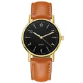 Minimalist quartz watch with golden case, black dial and brown leather strap - Gold Black Dial Brown Strap