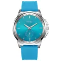 Close-up of OUKI quartz watch with sky blue dial, silver metal case and silicone strap - One Size / Light Blue