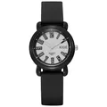 Close-up of XIGE quartz watch with matte black case, white dial, and black silicone strap - Black