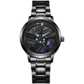 Detailed close-up of rotating car wheel hub dial with blue calipers on a black quartz watch - Blue