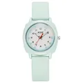 Vista detallada del reloj de cuarzo impermeable verde menta con correa de silicona y dial blanco - Verde menta