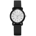 Macro shot of the black silicone strap texture and white minimalist quartz watch dial - White Dial Black Strap