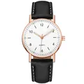 Luminous quartz watch with white dial, rose gold case, and black leather strap with stitching - Rose Gold White Dial Black Strap