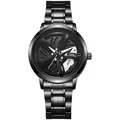 Detailed close-up of a black quartz watch featuring a 3D rotating car wheel hub dial design - White