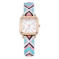 Detail of square rose gold watch with ethnic woven strap and roman numeral dial - Blue Pink V-Pattern (Color 5)