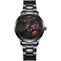 Macro view of car wheel rim watch dial with red brake caliper and 3D industrial details - Red
