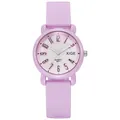 Close-up of lavender silicone watch strap with non-slip texture and silver crown - Purple