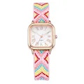 Detail of square rose gold watch with roman numerals and pink woven strap - Pink Yellow Striped (Color 6)