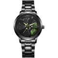 Close-up of black steel watch with a rotating car rim dial and green brake calipers - Green