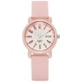 Close-up of pink silicone watch strap texture and clear white dial with Arabic numerals - Pink
