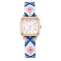 Detail of rose gold square watch dial and colorful woven ethnic style fabric strap - Blue Pink Diamond (Color 7)